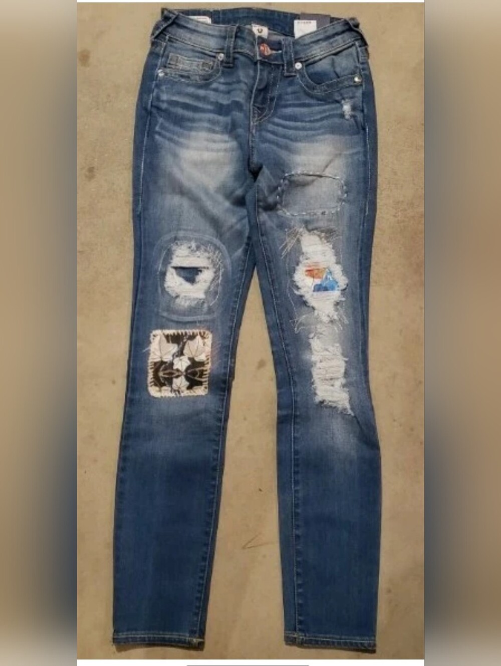 True Religion Blue Distressed Women's Skinny Jeans with Patch Details